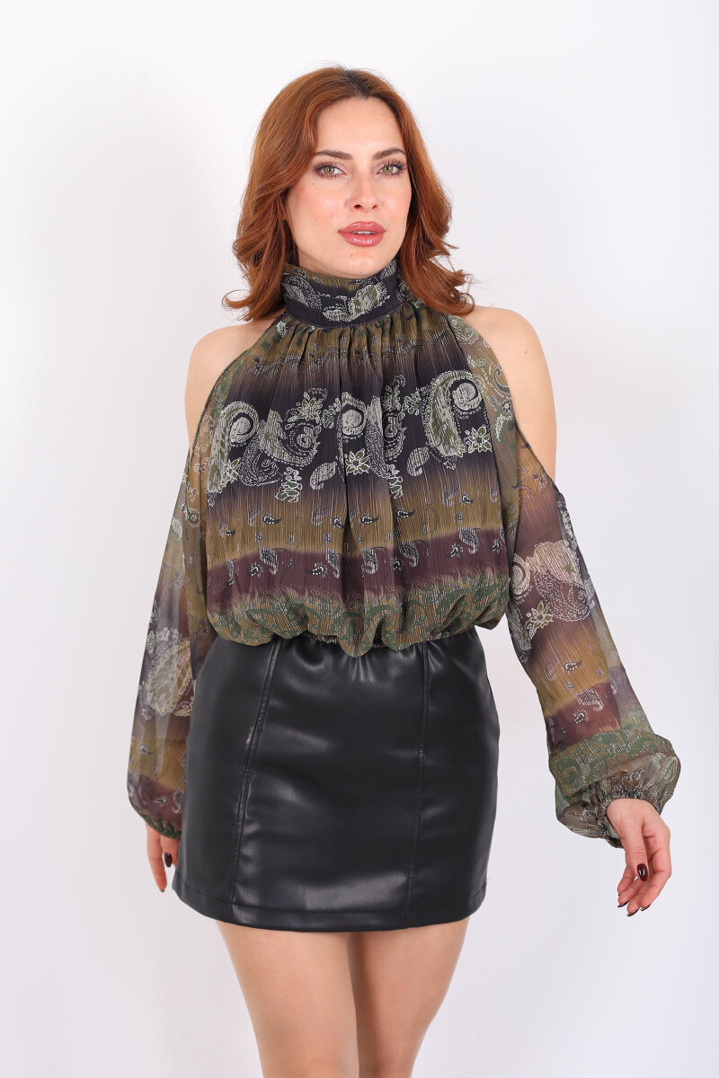 Omuzları Açık Desenli Haki Kadın Şifon Bluz - 5