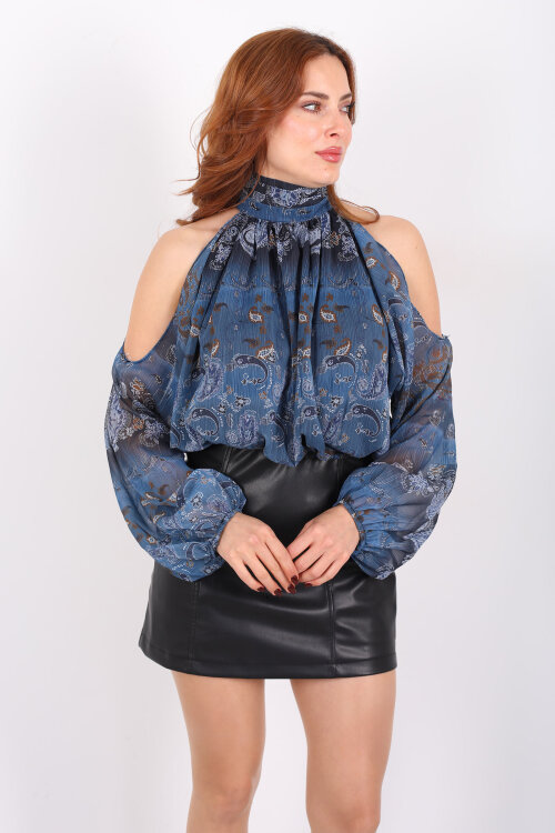 Omuzları Açık Desenli Marin Kadın Şifon Bluz - 4