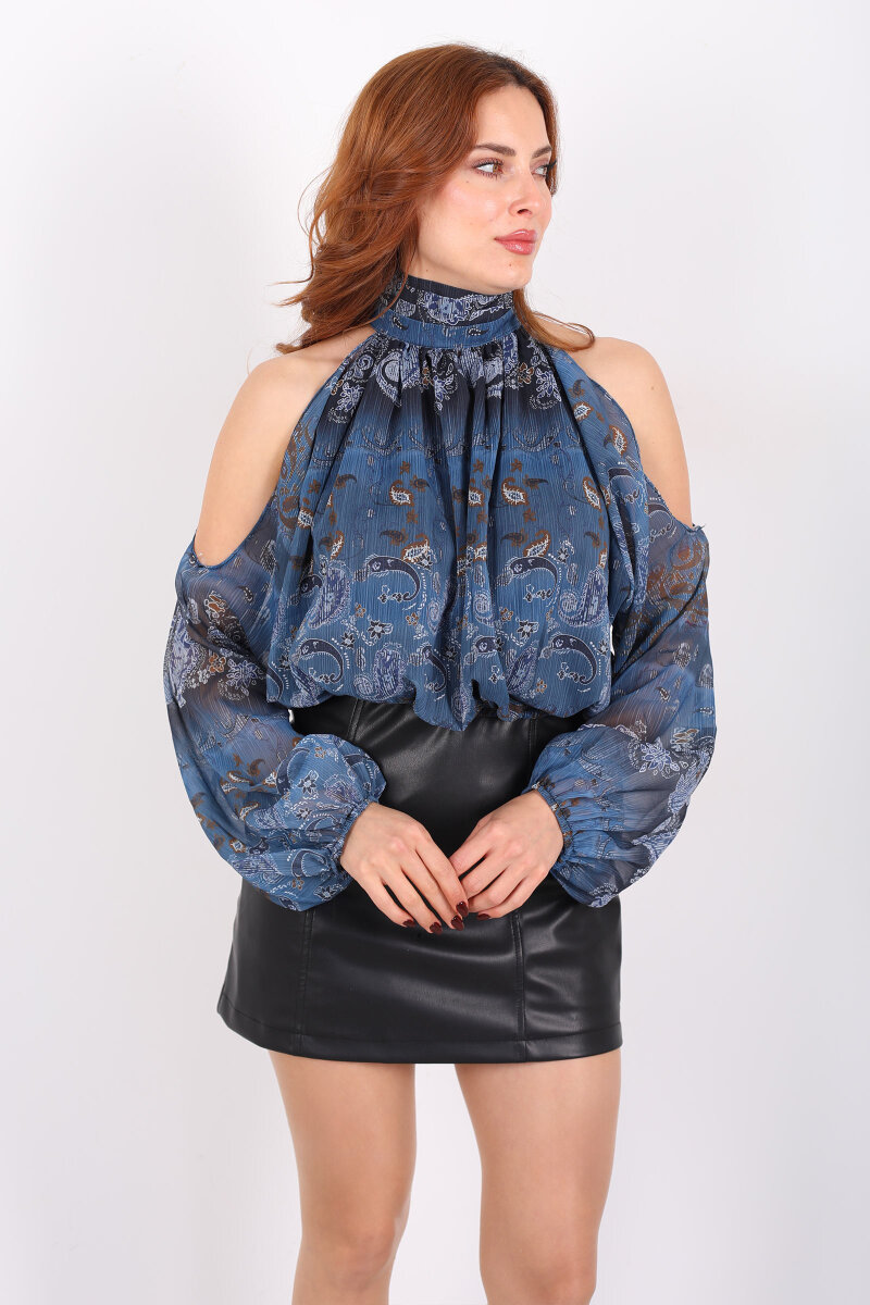 Omuzları Açık Desenli Marin Kadın Şifon Bluz - 4