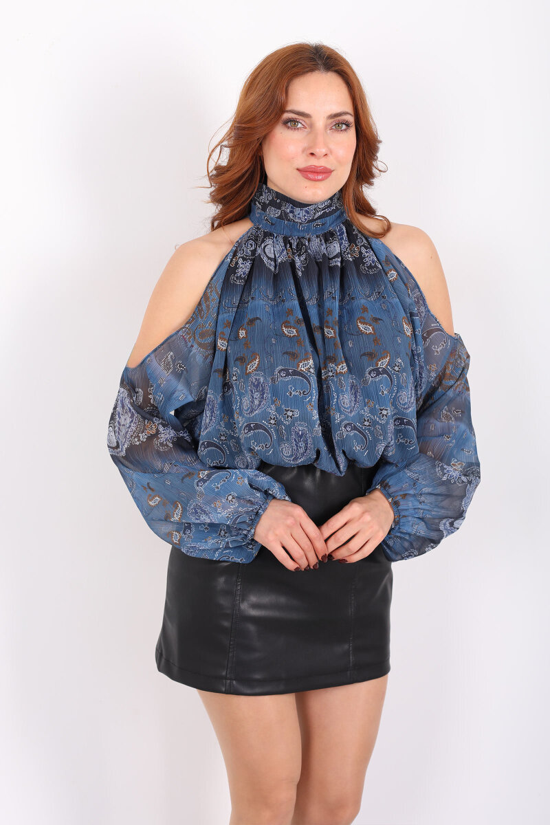 Omuzları Açık Desenli Marin Kadın Şifon Bluz - 6