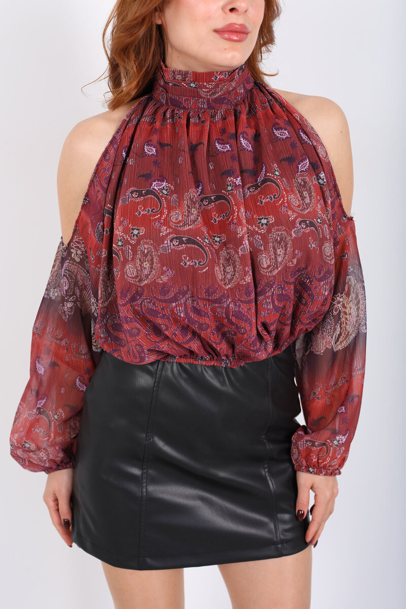 Omuzları Açık Desenli Mürdüm Kadın Şifon Bluz - 2