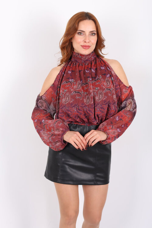 Omuzları Açık Desenli Mürdüm Kadın Şifon Bluz - 4