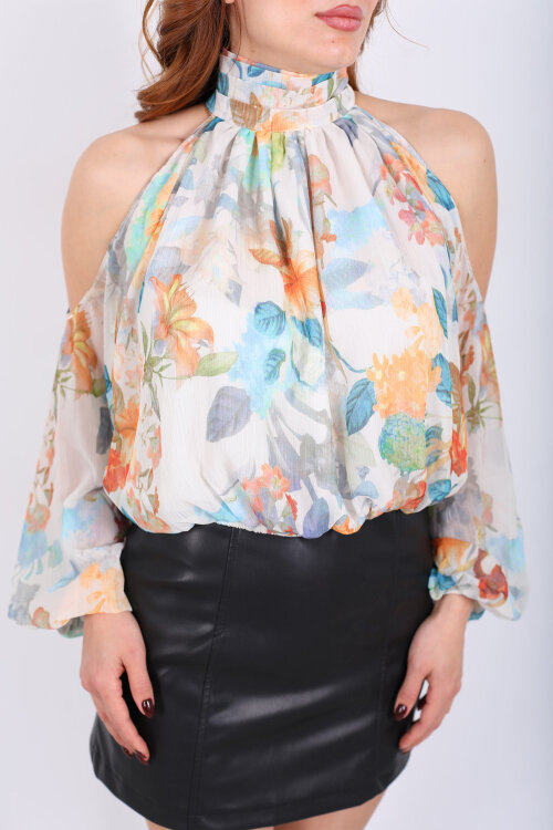 Omuzları Açık Desenli Turuncu Kadın Şifon Bluz - Berox (1)