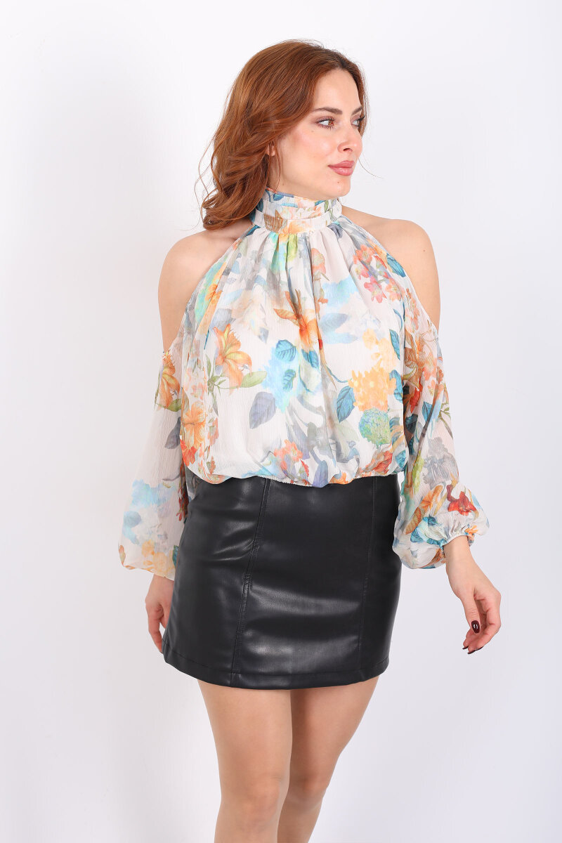 Omuzları Açık Desenli Turuncu Kadın Şifon Bluz - 6