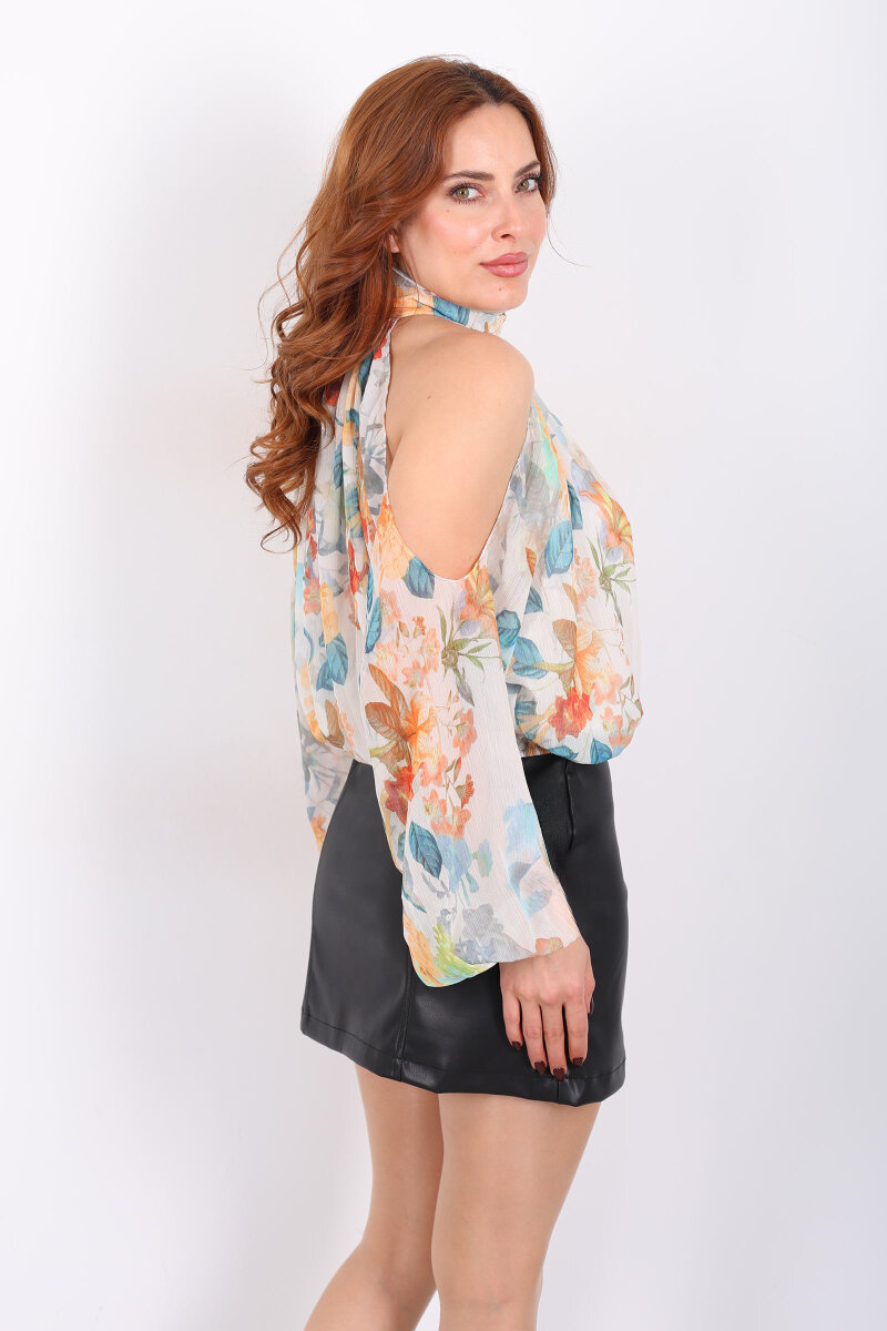 Omuzları Açık Desenli Turuncu Kadın Şifon Bluz - 5