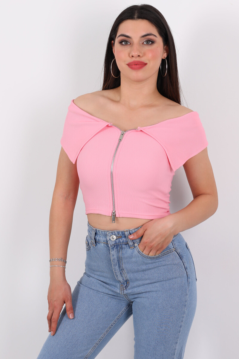 Omuzları Açık Fermuar Detaylı Fitilli Pembe Kadın Crop - 3