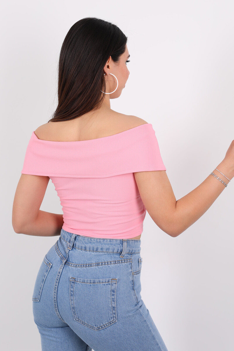 Omuzları Açık Fermuar Detaylı Fitilli Pembe Kadın Crop - 5