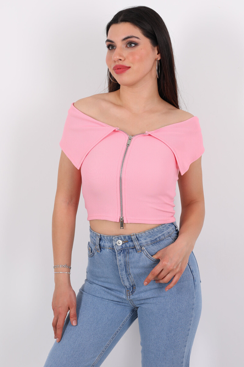 Omuzları Açık Fermuar Detaylı Fitilli Pembe Kadın Crop - 1