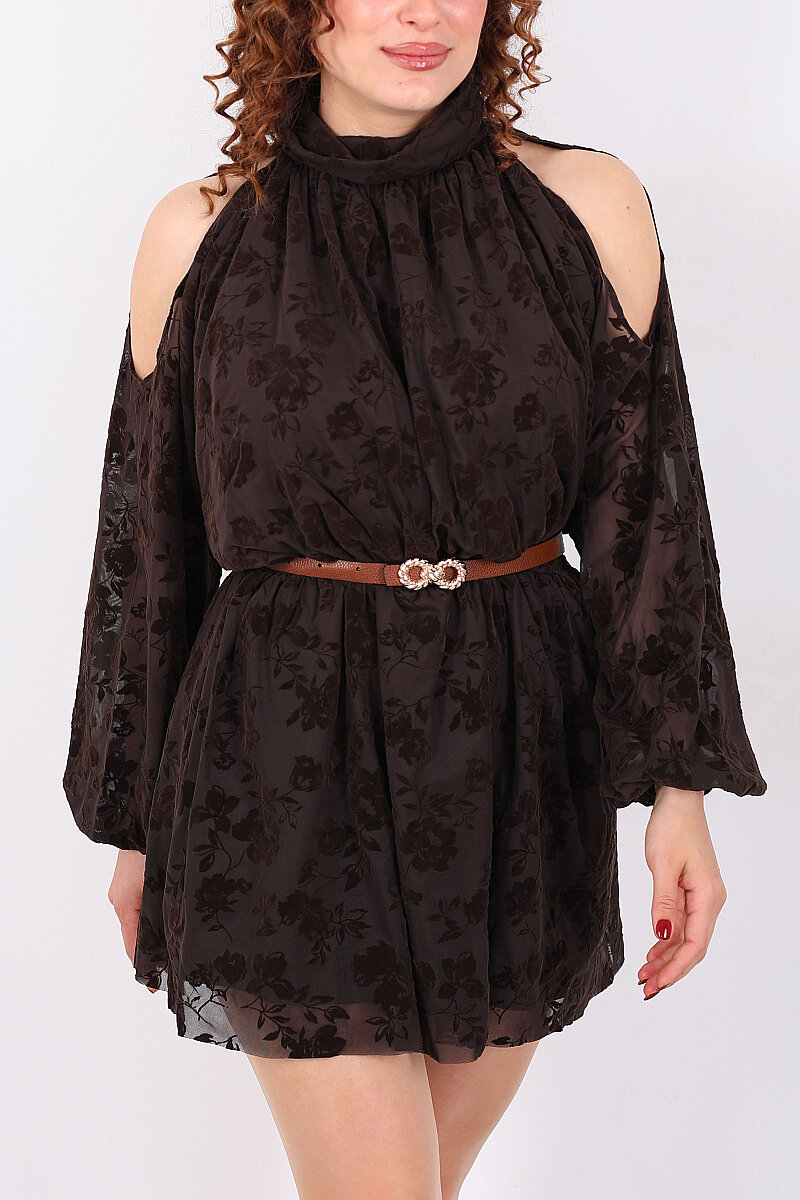 Omuzları Açık Kadife Baskılı Kadın Kahverengi Mini Tül Elbise - 2