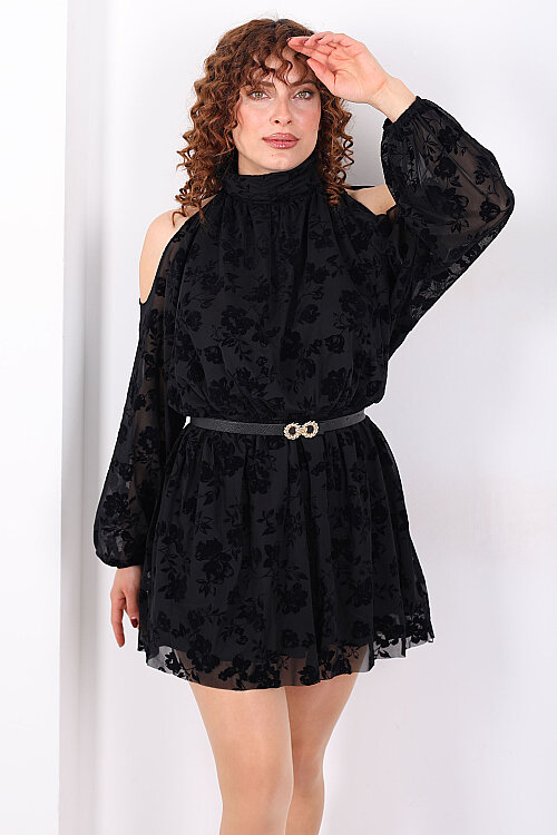 Omuzları Açık Kadife Baskılı Kadın Siyah Mini Tül Elbise - 5