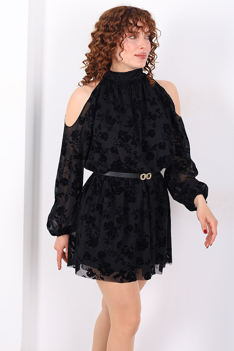 Omuzları Açık Kadife Baskılı Kadın Siyah Mini Tül Elbise - 3