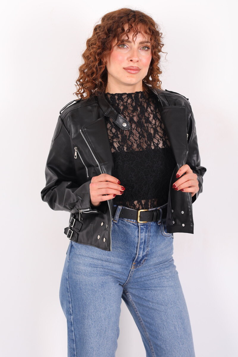 Omuzları Apoletli Yanları Kemerli Kadın Siyah Deri Ceket - 1