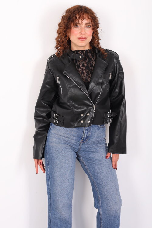 Omuzları Apoletli Yanları Kemerli Kadın Siyah Deri Ceket - 6