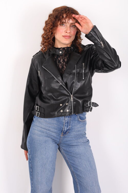 Omuzları Apoletli Yanları Kemerli Kadın Siyah Deri Ceket - 3