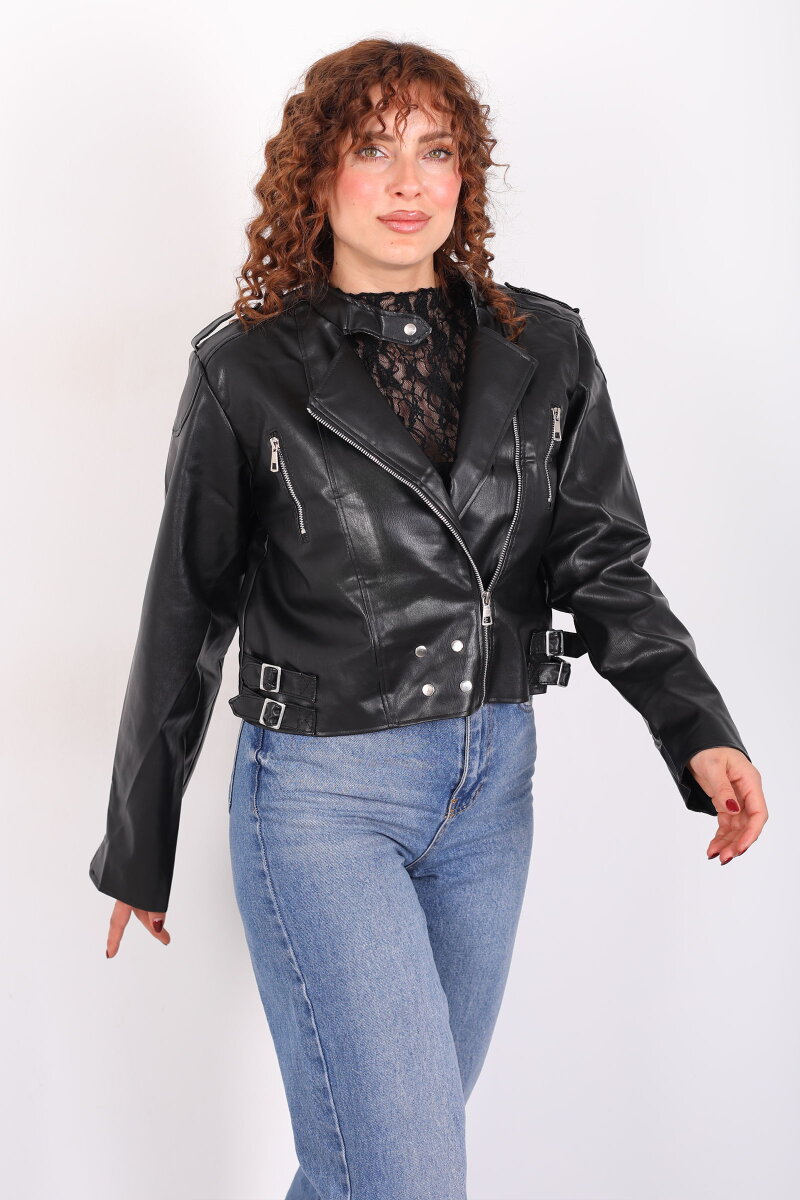 Omuzları Apoletli Yanları Kemerli Kadın Siyah Deri Ceket - 4