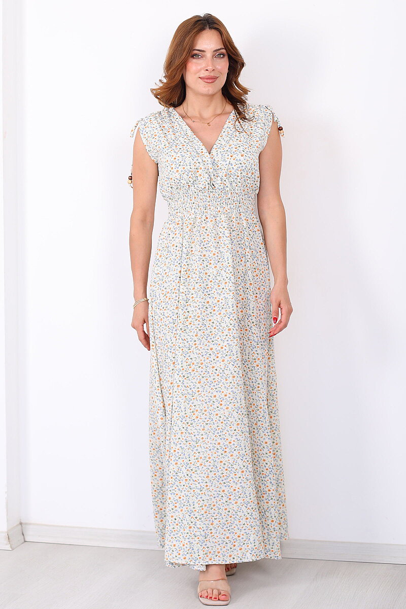 Omuzları Büzülen Desenli Uzun Yeşil Kadın Krep Elbise - 3