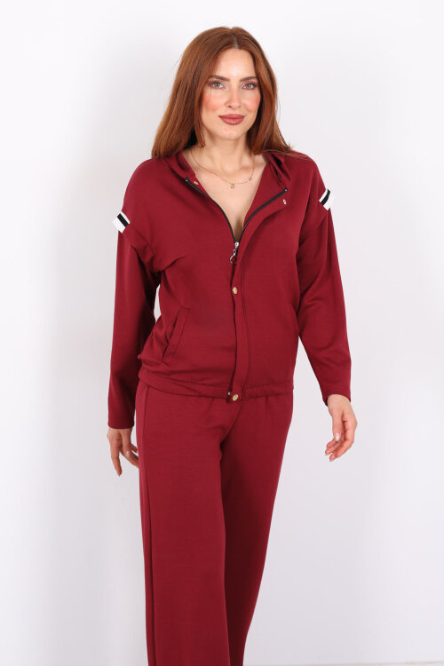 Omuzları Şeritli Fermuarlı Bordo Kadın Modal Takım - 6