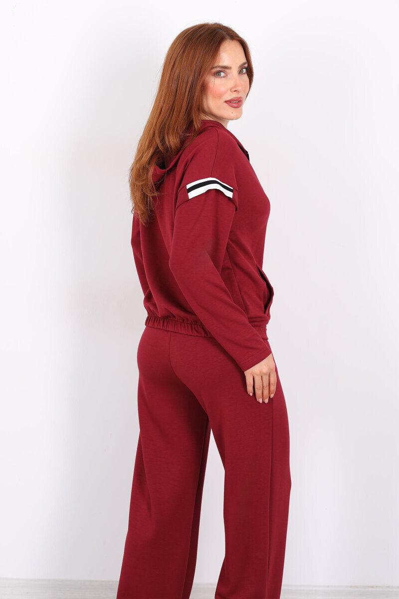 Omuzları Şeritli Fermuarlı Bordo Kadın Modal Takım - 5