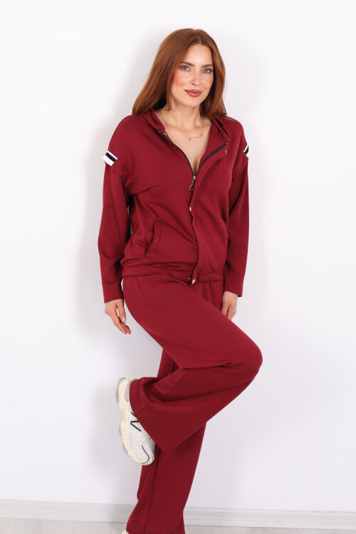 Omuzları Şeritli Fermuarlı Bordo Kadın Modal Takım - Berox