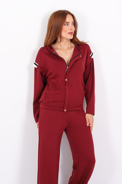 Omuzları Şeritli Fermuarlı Bordo Kadın Modal Takım - 4