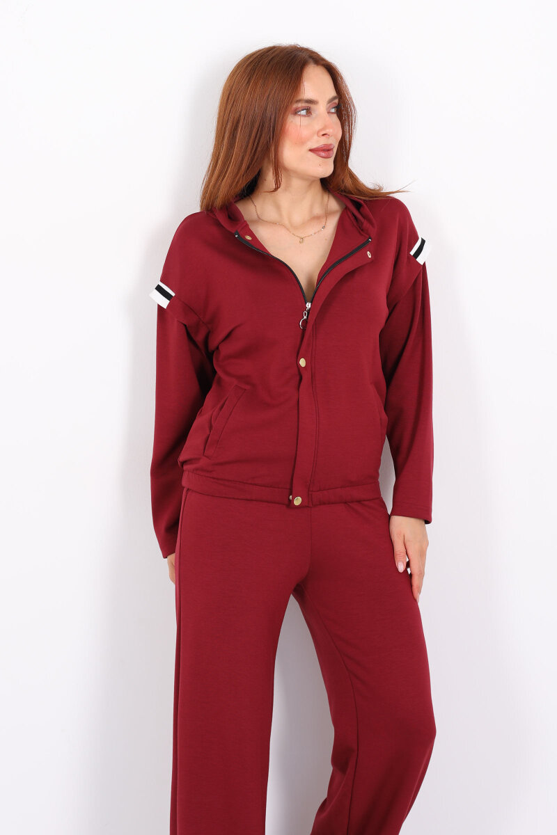 Omuzları Şeritli Fermuarlı Bordo Kadın Modal Takım - 4