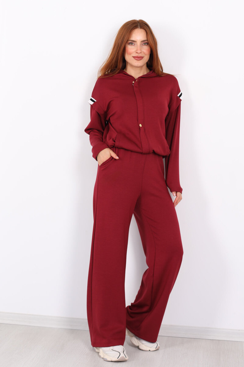 Omuzları Şeritli Fermuarlı Bordo Kadın Modal Takım - 3