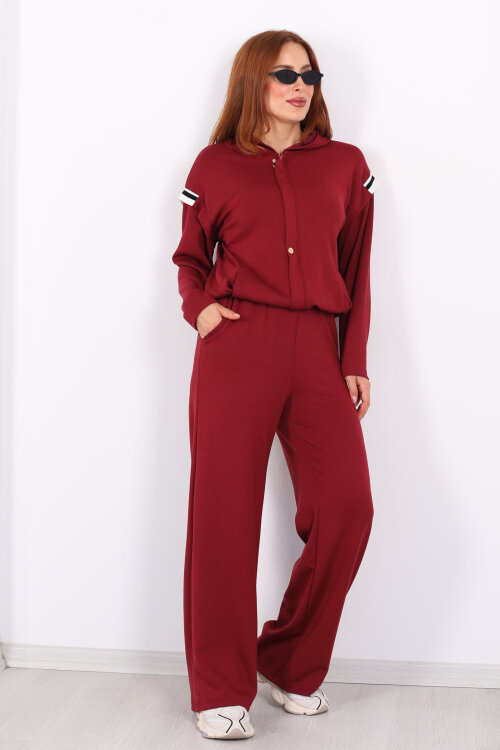 Omuzları Şeritli Fermuarlı Bordo Kadın Modal Takım - 7