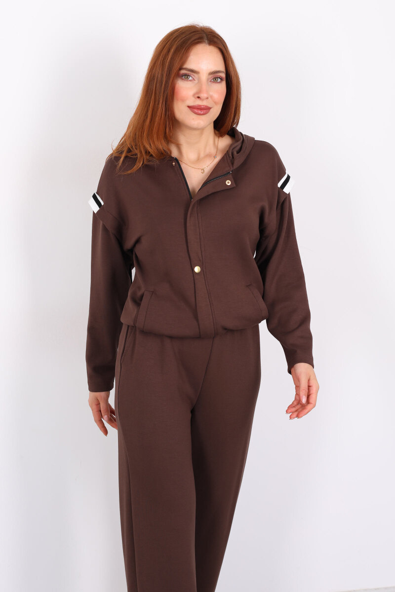 Omuzları Şeritli Fermuarlı Kahverengi Kadın Modal Takım - 3