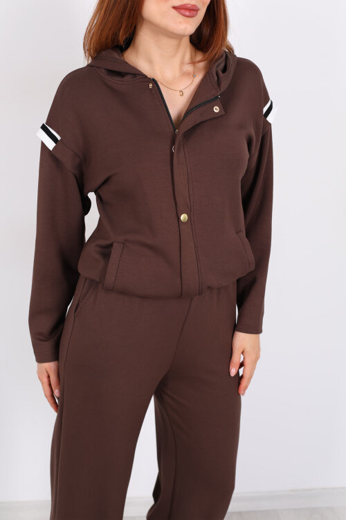 Omuzları Şeritli Fermuarlı Kahverengi Kadın Modal Takım - Berox (1)