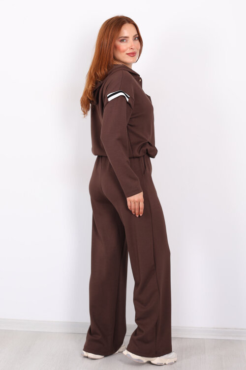 Omuzları Şeritli Fermuarlı Kahverengi Kadın Modal Takım - 5