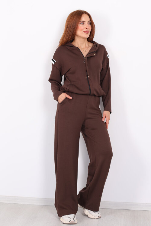 Omuzları Şeritli Fermuarlı Kahverengi Kadın Modal Takım - 4