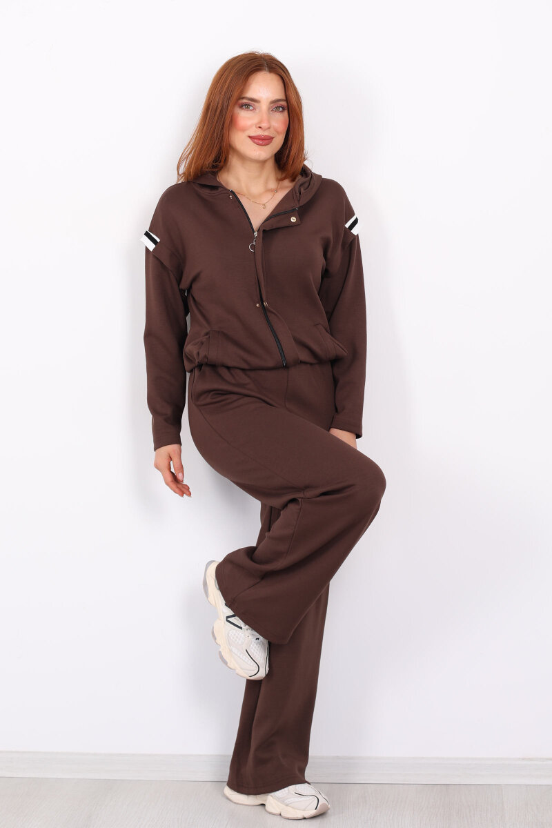 Omuzları Şeritli Fermuarlı Kahverengi Kadın Modal Takım - 1