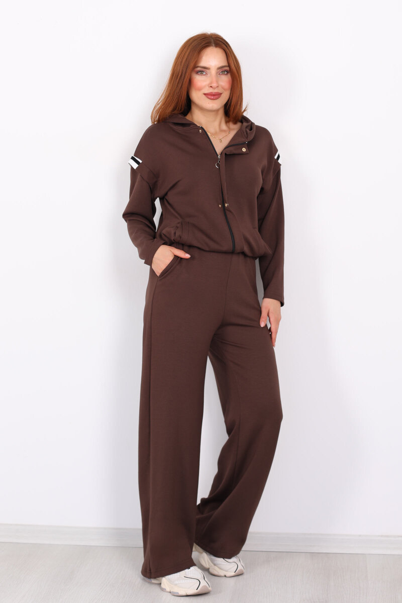 Omuzları Şeritli Fermuarlı Kahverengi Kadın Modal Takım - 7