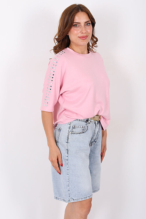 Omuzları Taşlı Yarasa Kol Pembe Kadın Bluz - 2