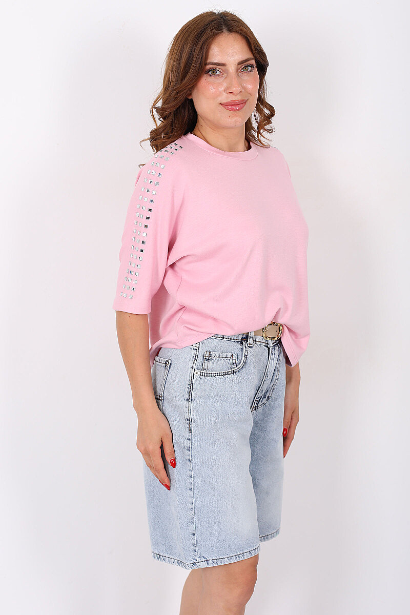 Omuzları Taşlı Yarasa Kol Pembe Kadın Bluz - 2