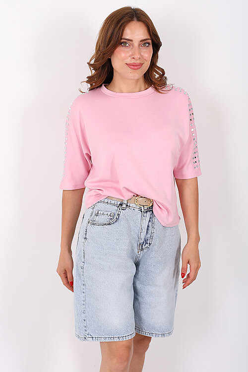 Omuzları Taşlı Yarasa Kol Pembe Kadın Bluz - 3