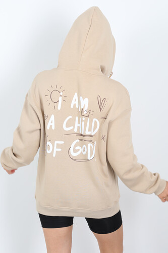 Ön Arka Baskılı Kapüşonlu Bej Kadın Üç İplik Sweat - 4