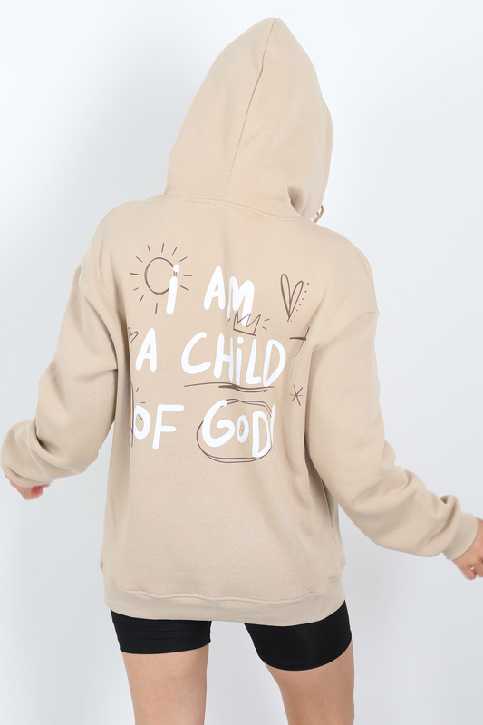 Ön Arka Baskılı Kapüşonlu Bej Kadın Üç İplik Sweat - 4