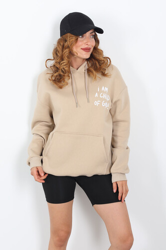 Ön Arka Baskılı Kapüşonlu Bej Kadın Üç İplik Sweat - Berox