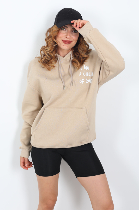 Ön Arka Baskılı Kapüşonlu Bej Kadın Üç İplik Sweat - 2