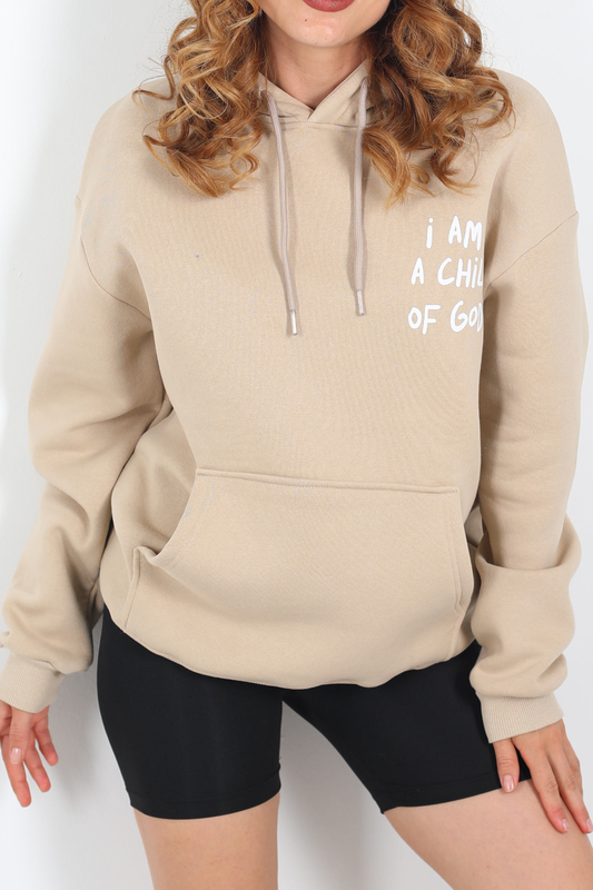 Ön Arka Baskılı Kapüşonlu Bej Kadın Üç İplik Sweat - 3