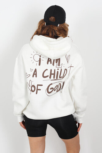 Ön Arka Baskılı Kapüşonlu Beyaz Kadın Üç İplik Sweat - 4