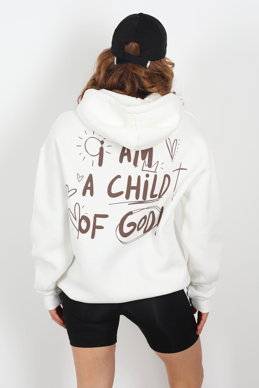 Ön Arka Baskılı Kapüşonlu Beyaz Kadın Üç İplik Sweat - 4