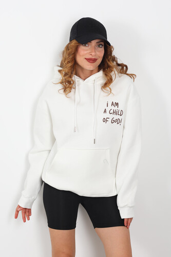 Ön Arka Baskılı Kapüşonlu Beyaz Kadın Üç İplik Sweat - Berox