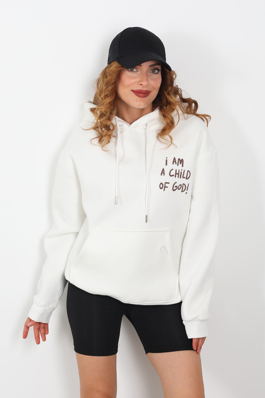 Ön Arka Baskılı Kapüşonlu Beyaz Kadın Üç İplik Sweat - 1