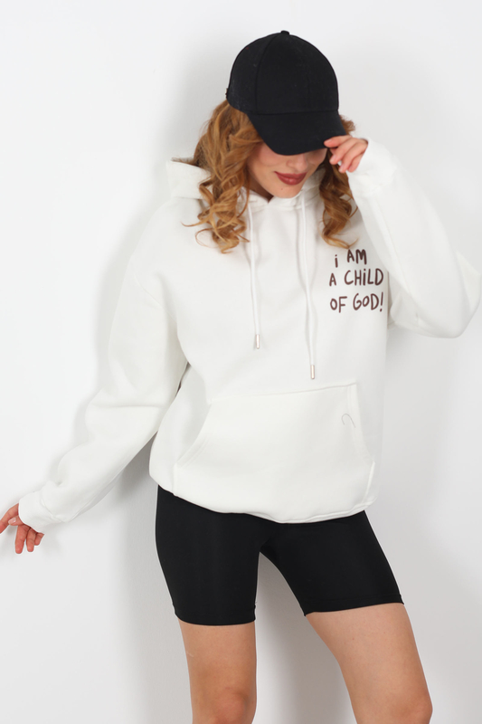 Ön Arka Baskılı Kapüşonlu Beyaz Kadın Üç İplik Sweat - 3