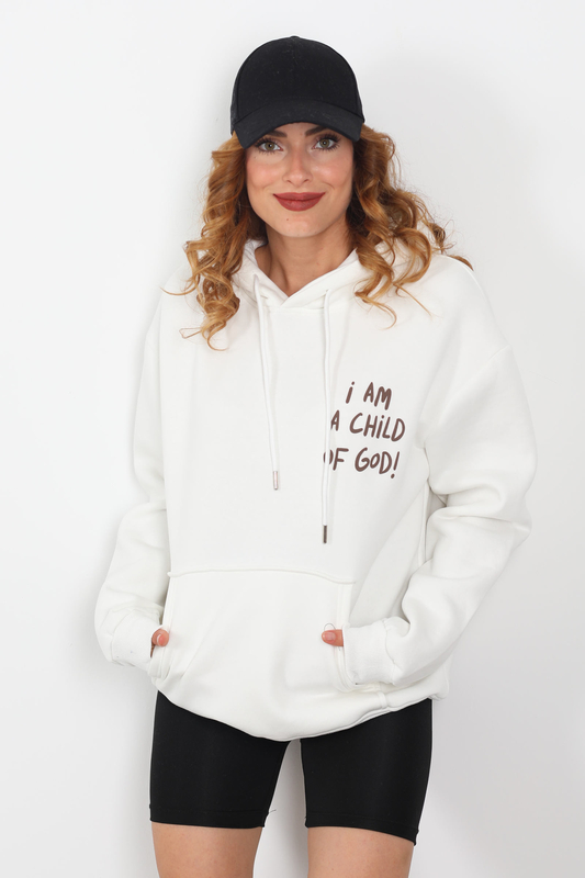 Ön Arka Baskılı Kapüşonlu Beyaz Kadın Üç İplik Sweat - 2