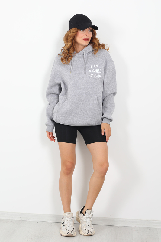 Ön Arka Baskılı Kapüşonlu Gri Kadın Üç İplik Sweat - 1