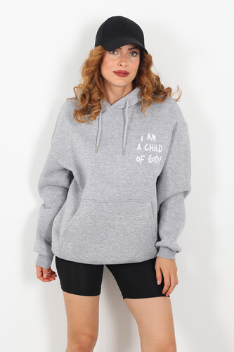 Ön Arka Baskılı Kapüşonlu Gri Kadın Üç İplik Sweat - Berox (1)