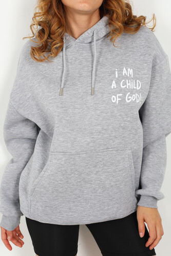 Ön Arka Baskılı Kapüşonlu Gri Kadın Üç İplik Sweat - 3